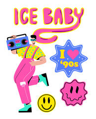 A guy with a tape recorder from the 90s, 80s. A man in retro bright clothes dances and listens to music