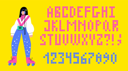 Latin alphabet of the 90s, 80s in retro style. A girl on skates and 8-bit letters. Retro font made of pixels