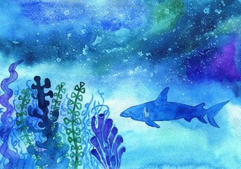watercolor sea background. underwater plants with a swimming shark.