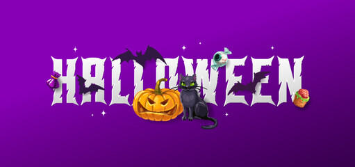 Halloween banner. Witch black cat, flying bats silhouettes and Jack o lantern pumpkin evil face and creepy sweet pastry desserts and candies, monsters fangs marks on Halloween holiday background