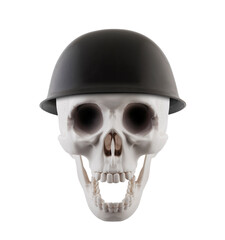 Human skull with open jaw in military helmet isolated on white background