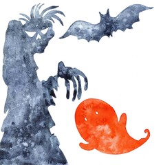 Halloween greeting card with fairy-tale characters. Watercolor Zombies, ghost and bat silhouettes on a white background.