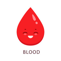 Blood drop human body organ character, vector anatomy, health care and medicine. Cartoon cute droplet of red blood with happy face and cheerful smile. Funny personage of human circulatory system