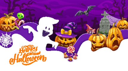 Halloween paper cut banner with cartoon pumpkin characters. Happy Halloween vector banner, papercut background with ghost personage, Jack o lantern faces, cemetery graves crosses and sweet candies
