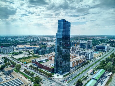 View of the West 65 Belgrade skyscraper at the corner of Omladinskih Brigada Street. Serbia.