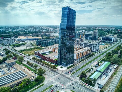 View of the West 65 Belgrade skyscraper at the corner of Omladinskih Brigada Street. Serbia.