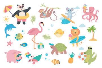 Cute animals in summer travel set with cartoon elements in flat design. Bundle of panda at beach, surfing mouse or lion, octopus with ice cream, resort and other isolated stickers. Vector illustration