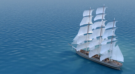 3d render of sailboat with white sails in the blue sea.