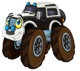 cartoon happy and funny off road police car looking like monster truck smiling vehicle illustration for children © honeyflavour