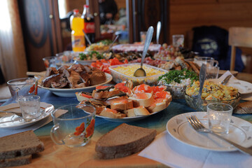 dishes with food are on the table