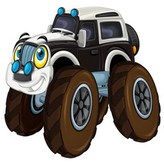 cartoon happy and funny off road police car looking like monster truck smiling vehicle illustration for children