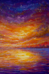 Fototapeta na wymiar Emotional impressionism beautiful sunset over water Oil painting landscape illustration artwork