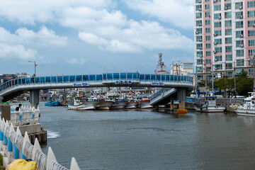 포항 운하 위 다리, a modern bridge over the river
