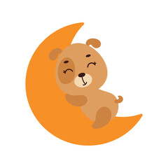 Cute little dog sleeping on moon. Cartoon animal character for kids t-shirt, nursery decoration, baby shower, greeting cards, invitations, house interior. Vector stock illustration