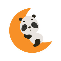 Cute little panda sleeping on moon. Cartoon animal character for kids t-shirt, nursery decoration, baby shower, greeting cards, invitations, house interior. Vector stock illustration