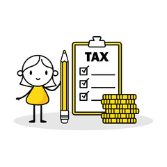 Woman holds a pencil and check step by step checklist to progress and finish calculate tax. Hand drawn doodle girl. Professional concept Vector stock illustration isolated on white background