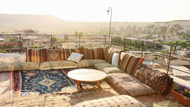 morning overlooking Cappadocia, mountain, harem, Turkey. Beautiful viewing area with a sofa to relax.