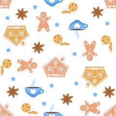 Vector seamless Christmas pattern with ginger houses, little men, cookies, hot drink and cinnamon. Festive pattern for New Year or Christmas