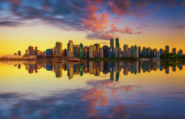 Fototapeta na wymiar Sunset skyline of Vancouver downtown from Stanley Park