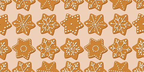 Christmas gingerbread cookies in shape of stars seamless pattern. Vector illustration holiday repeated background for wallpaper, gift paper, pattern fills, textile, greetings cards. Eps 10