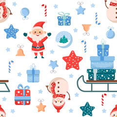 Vector seamless Christmas pattern with Santa Claus, snowman and Christmas sleigh with gifts. Winter holiday pattern for New Year and Christmas