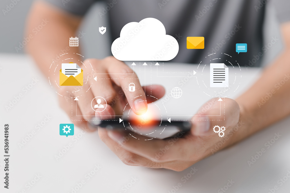 Poster Cloud computing is a network of smartphones and online devices that upload information and data to a database with a business icon.