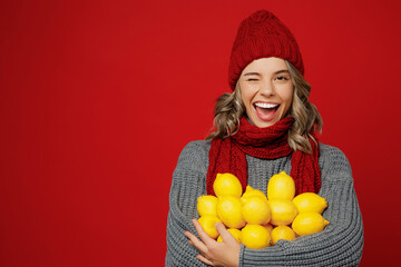 Young happy fun woman wear grey sweater scarf hat hold in hands bunch of lemons wink isolated on...
