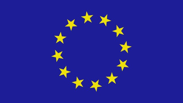 Euro flag. Yellow stars rotate on a blue background. Motion graphics shape animation.