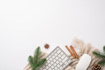 Top view photo of keyboard computer mouse pine cone spruce branches cinnamon sticks anise and cozy...