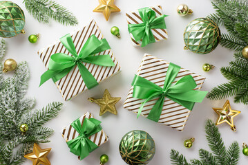 New Year celebration concept. Top view photo of gift boxes with ribbon bows gold and green baubles balls star ornaments and pine branches on isolated white background