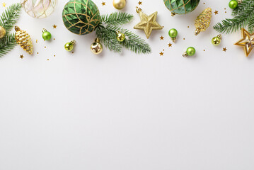 Obraz na płótnie Canvas New Year decoration concept. Top view photo of gold green baubles star pine cone ornaments fir branches in frost and shiny confetti on isolated white background with copyspace