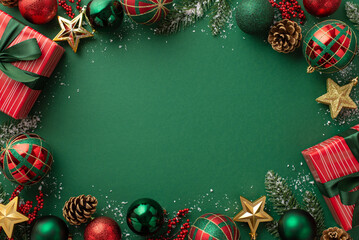 Christmas concept. Top view photo of present boxes green red baubles gold star ornaments pine cones mistletoe berries snow and fir branches on isolated green background with empty space in the middle