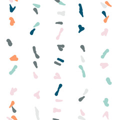 Vector organic seamless abstract background, party confetti pattern. Colorful pastel colored mosaic of simple shapes on white background.