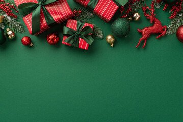 New Year concept. Top view photo of red gift boxes with green ribbon bows baubles deer ornament...
