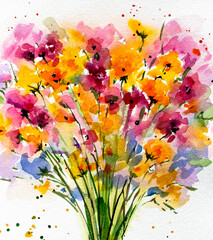 drawing watercolor flowers on a white background..impressionistic style, flower painting, flower bouquet, bright colors. Artistic background. Package design. Card. Flower card. Spring flowers.
