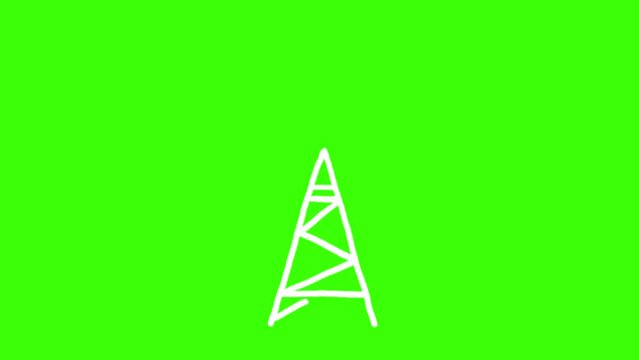 Radar tower with radio waves drawing cartoon animation. Hand drawn element on green screen background isolated.