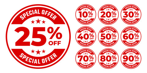 Sale tags set vector badge 10%, 20%, 30%, 40%, 50%, 60%, 70%, 80%, 90%  Special offer and discount promotion big mega flash sale