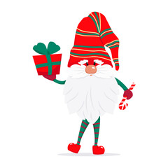 A bearded cute gnome in a red cap, a fairy-tale Christmas character. Vector illustration in flat style.