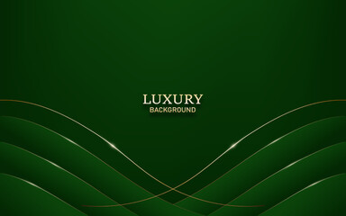Abstract green wave curve layer and golden lines with light effect. Luxury style 