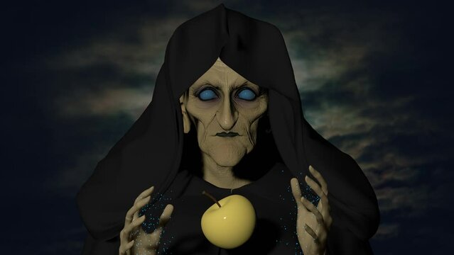 Creepy blind witch makes an apple poisoned with her dark magic on night background 3D 4K animation