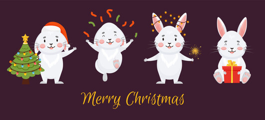 Christmas horizontal banner with gray bunnies. Vector cartoon animal stands behind a Christmas tree and wearing Santa Claus hat, throwing confetti, sits with a gift and holding sparkler in paw. 