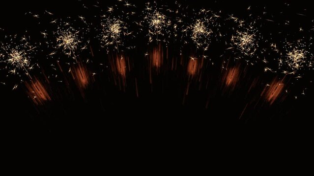 A row of bright bengal lights burn on black background 3d 4k loop animation with copy space. Traditional festive pyrotechnics with glowing sparkles
