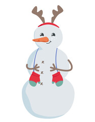 Snowman with deer antlers. Christmas character in cartoon style.