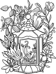 Old vintage lantern and fantasy flowers and leaves. Coloring page antistress for children and adults. Vector illustration isolated on white background - 536945585