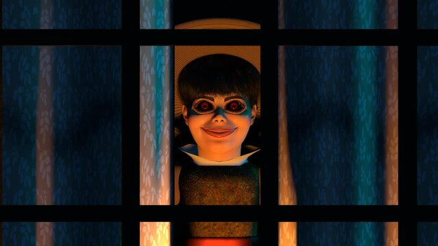 Scary doll looks at you through the window 3D 4K animation. Spooky Halloween scene.