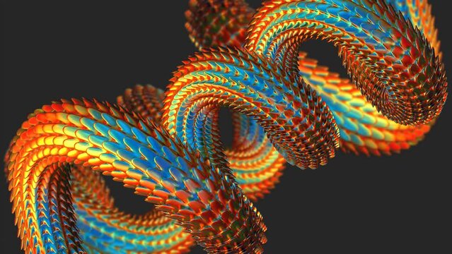 Bright colorful snake body moves on black background 3D 4K loop animation