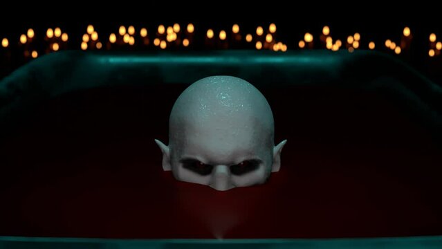 Scary vampire takes a bloody bath in the dark room with lots of candles 3D 4K animation
