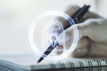 Creative lock sketch with chip hologram and woman hand writing in notepad on background, protection of personal data concept. Multiexposure