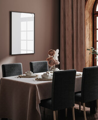 Mock up frame in dark cozy interior, 3d render