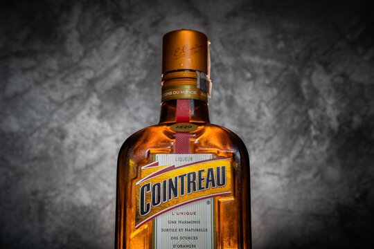 Cointreau liqueur bottle. Orange-flavoured alcohol drink used in margarita cocktails. Triple sec liqueur by French company Rémy Cointreau in France on August 9, 2022 in Miekinia, Poland.
